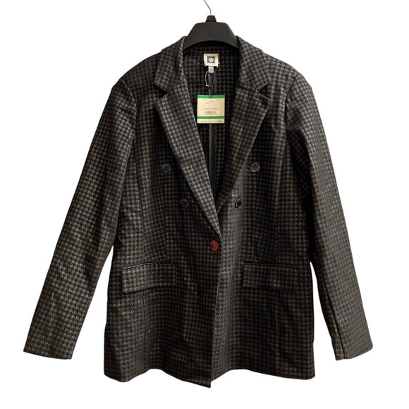 Anne Klein Blazer Womens L Black Metallic Silver Check Structured Jacket Holiday - Picture 1 of 12